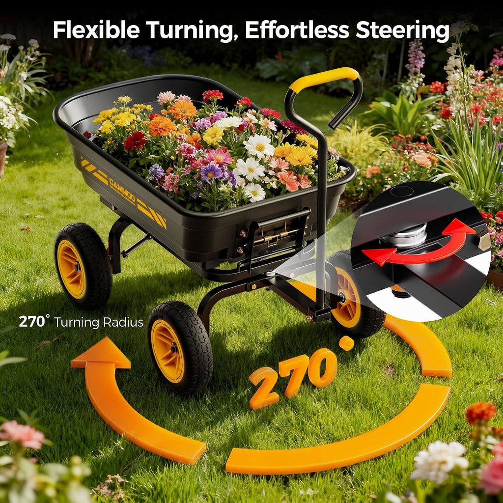 10-in NO-Flat Tires 600lb Garden Dump Cart 4 Cu.Ft. Wheelbarrow | Garden Wagon Quick-Release Dumping Garden Cart