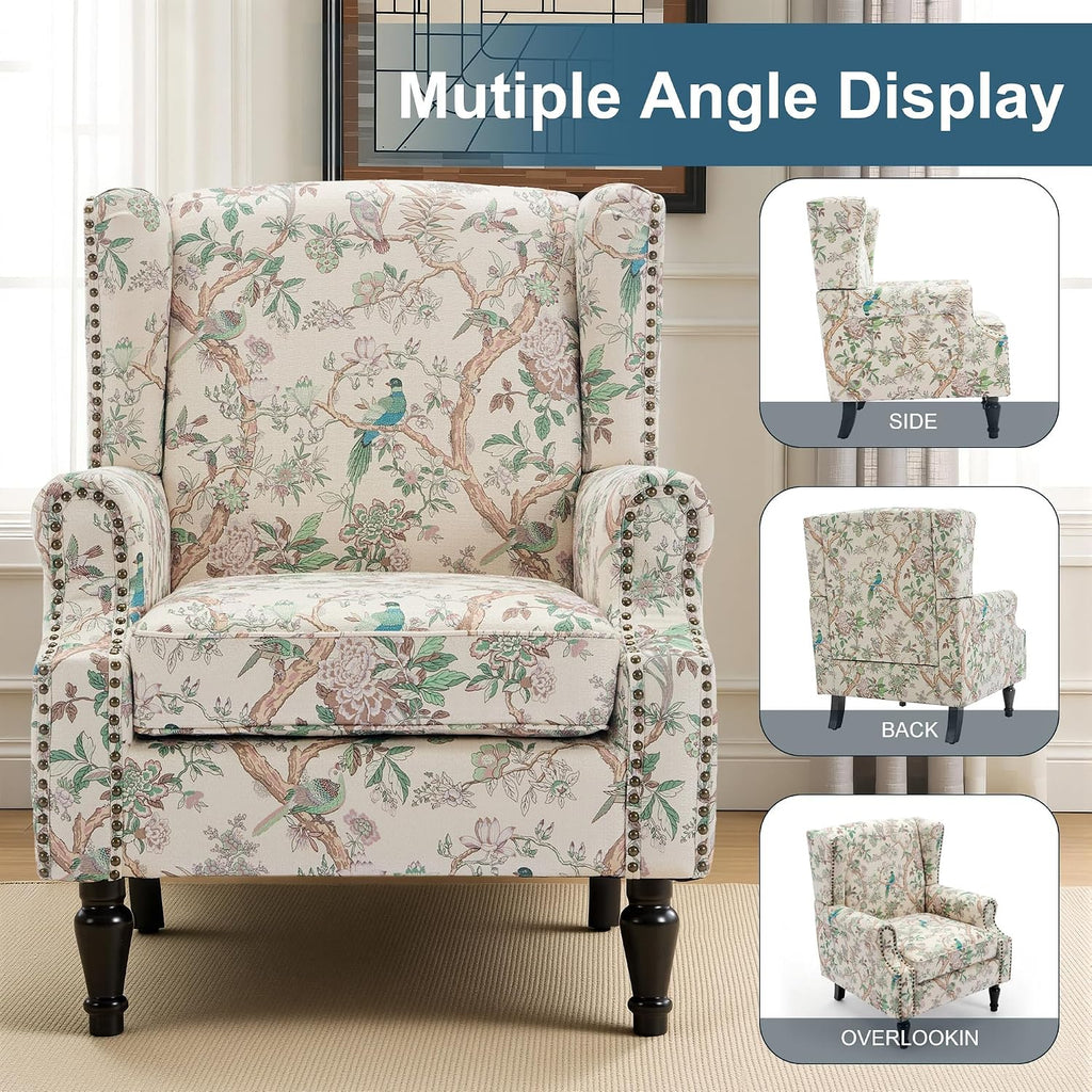 Wingback Chairs Set of 2, High Back Floral Accent Chair in Fabric, Comfy Upholstered Armchair with Nailhead Trim