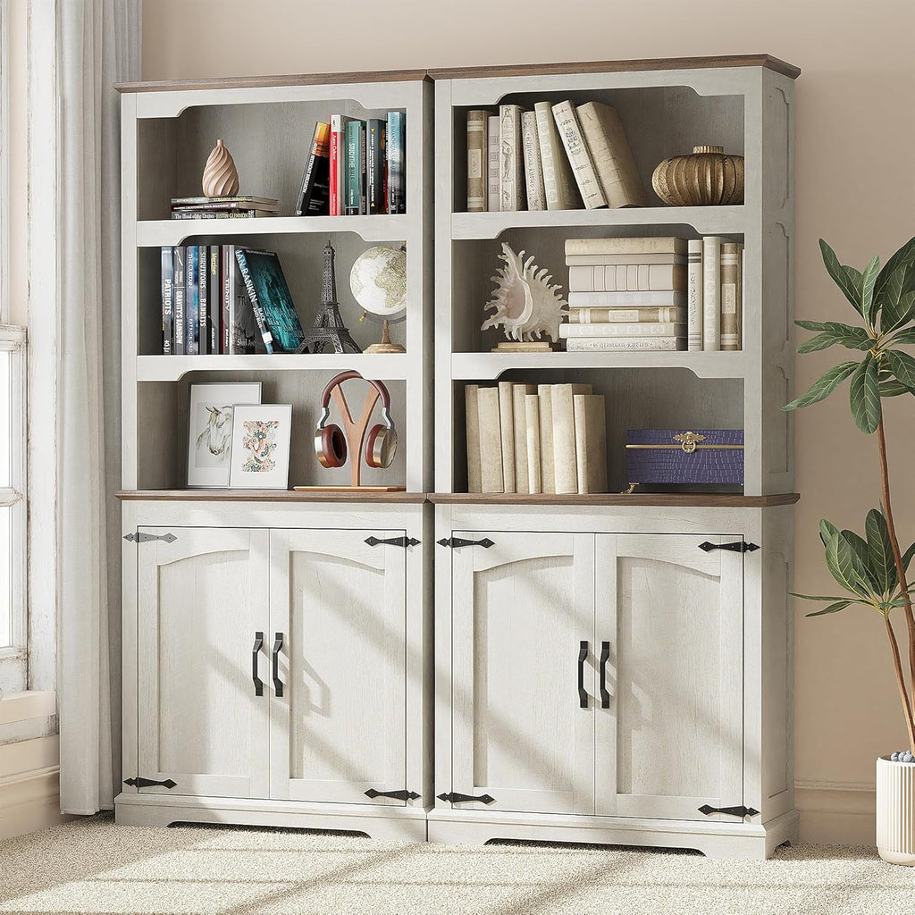70 Inches Farmhouse Bookcase Bookshelf, Two-Tone Shelves, 5 Tier Bookshelf with Door Storage Arched Trim