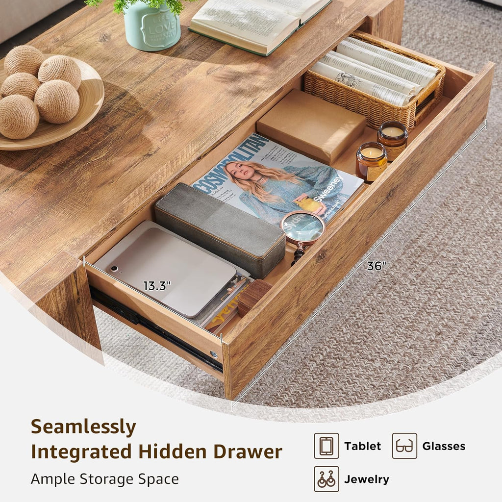 48" Modern Farmhouse Coffee Table, Wooden Living Room Table with Hidden Storage Drawer