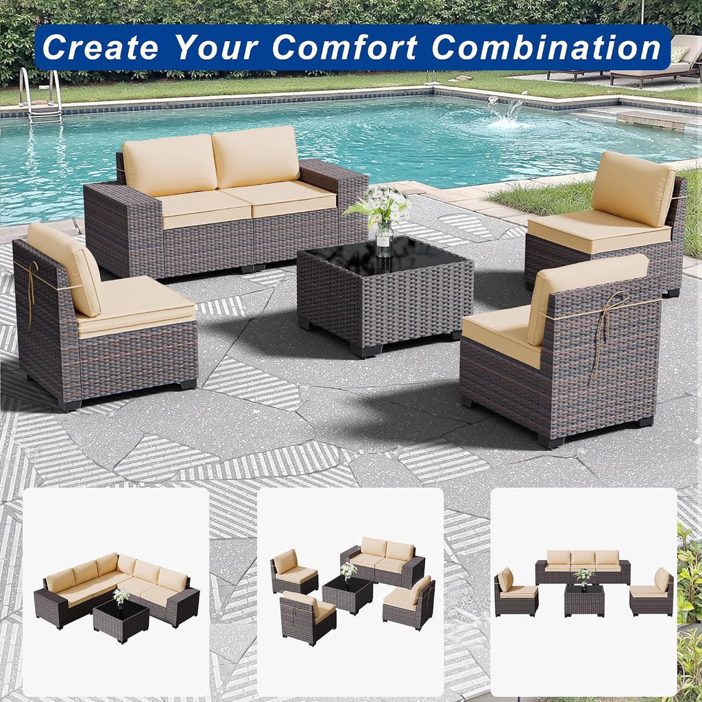 Outdoor Patio Furniture Set, 6 Pieces Outdoor Sectional Furniture High Backrest Patio Sofa, All-Weather PE Rattan