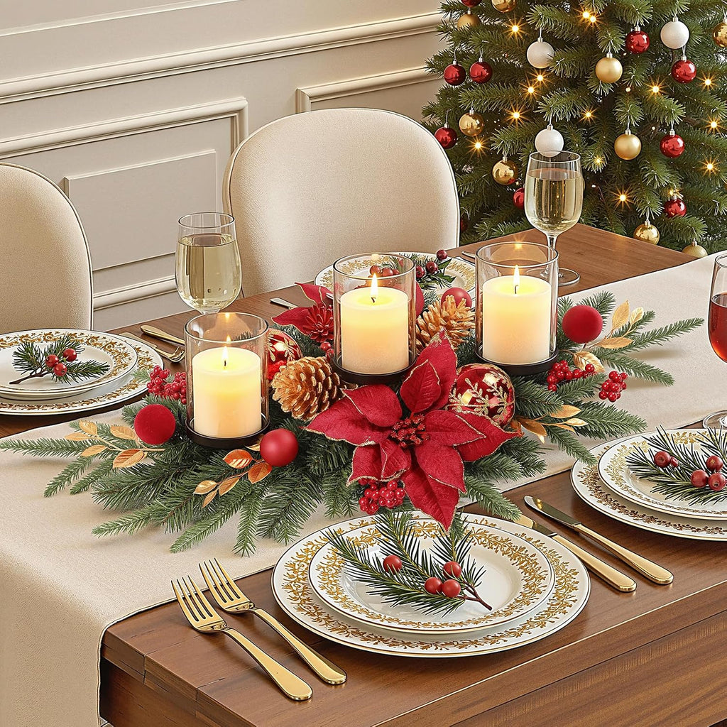 28" Red Gold Christmas Centerpiece with 3 Candle Trays,1 Pcs