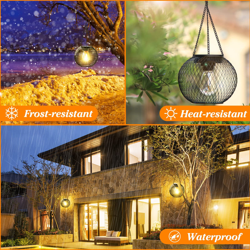Solar Lantern Outdoor Waterproof, Hanging Solar Lights, 2 Pack, Black