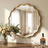 Round Wood Mirrors for Wall, 24" Boho Cirecle Wavy Mirror with Wooden Frame, Decorative Mirror with Tempered Glass