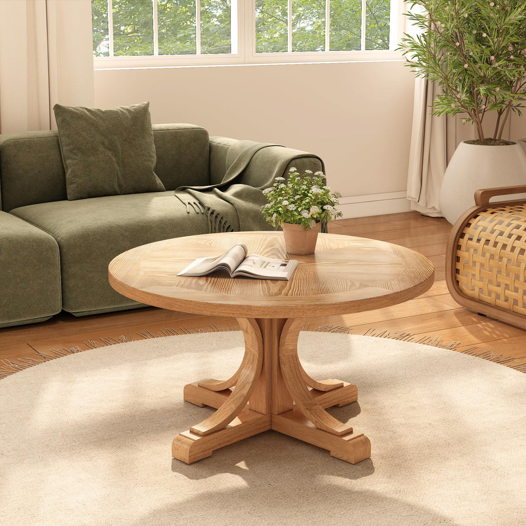 33.5"D Round Wood Coffee Table with Pedestal Base, Splicing Top