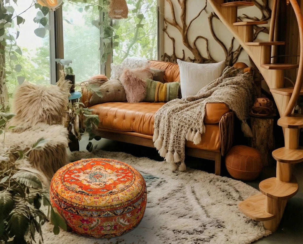 Colorful Pouf Cover Orange Round Orange Floor Pillow Seating Area Stool Boho Room Décor Accent Furniture Cotton 24x8