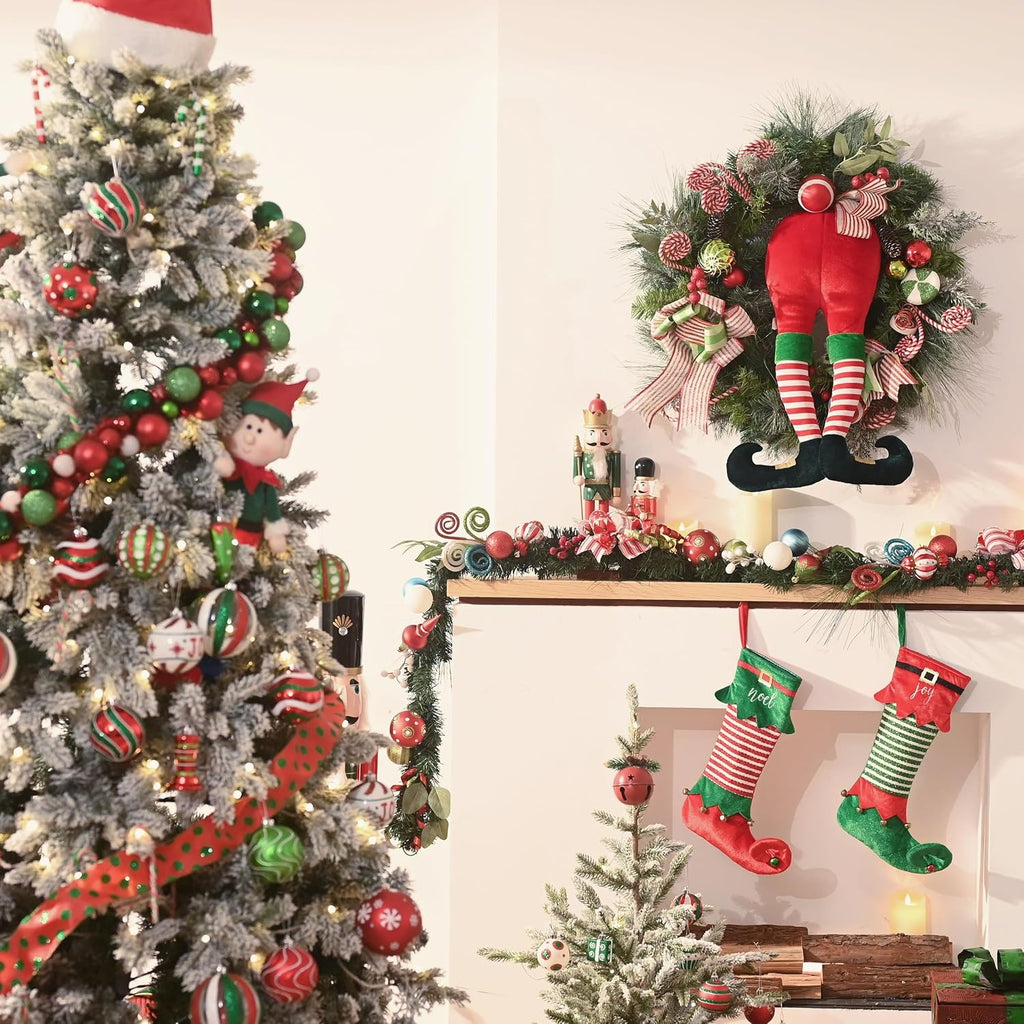 30'' Pre-Lit Christmas Wreath for Front Door with Lights, Large Lighted Outdoor Christmas Wreath with Red Green White