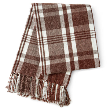 Chenille Throw Blanket Knotted Tassels 50x60, Dark Brown Plaid