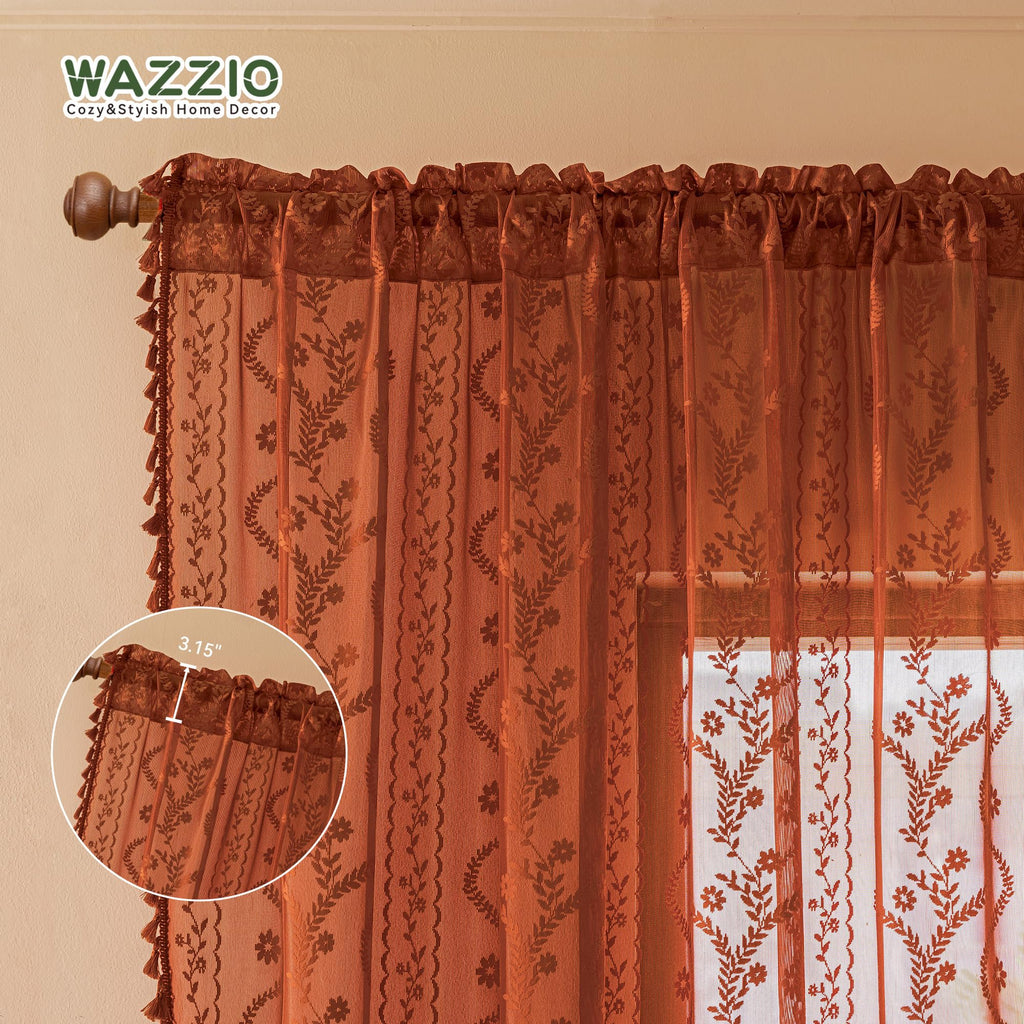 Boho Lace Curtains 84 Inch 2 Panels-Vintage Sheer Panel Drape Floral Pattern & Tassel Light Filtering Privacy Dining