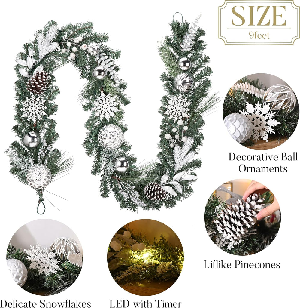 9 Feet Pre-Lit Christmas Garland with Lights for Mantle, Lighted Outdoor Xmas Garland with Silvery White Ball