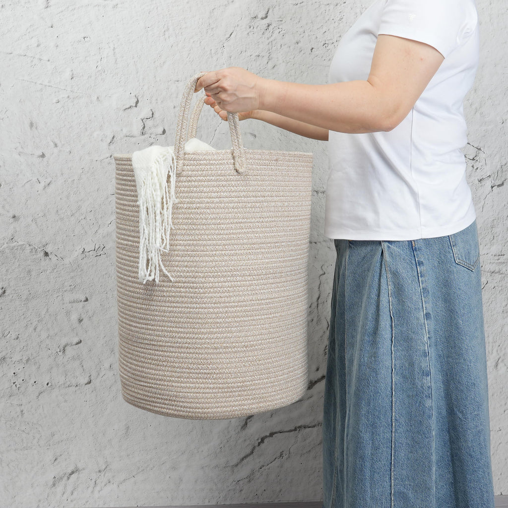 Woven Cotton Rope Laundry Basket, 15" x 20" Laundry Hamper, Oatmeal