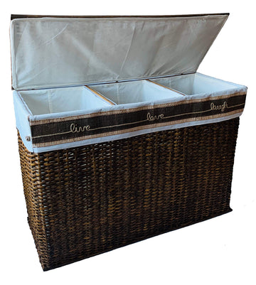 Handcrafted Wicker Oversized 3 Section Divided Laundry Hamper Sorter and Organizer Handwoven Rattan Basket with Lid
