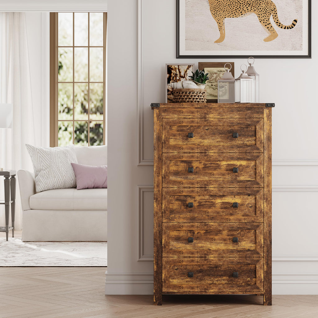 With 5 Drawers, Wood Dressers Chest of Drawers with Metal Handles, Modern Bedroom with Drawers for Closet Hallway