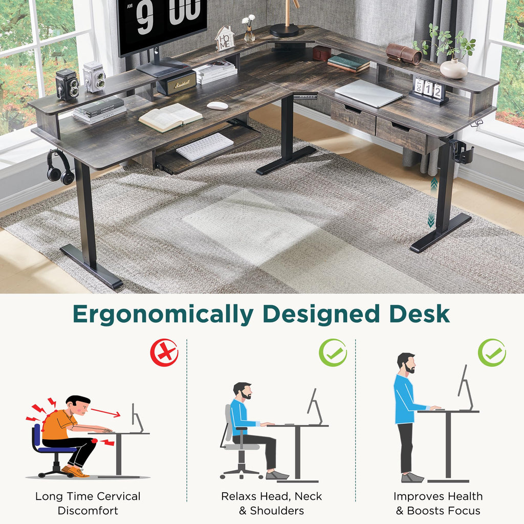 75x60 Inches L Shaped Electric Standing Desk, Dark Rustic Oak