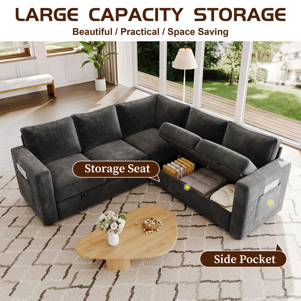 Sectional Sleeper Sofa, Pull Out Couch with Storage, Charcoal Gray, 5 Seat