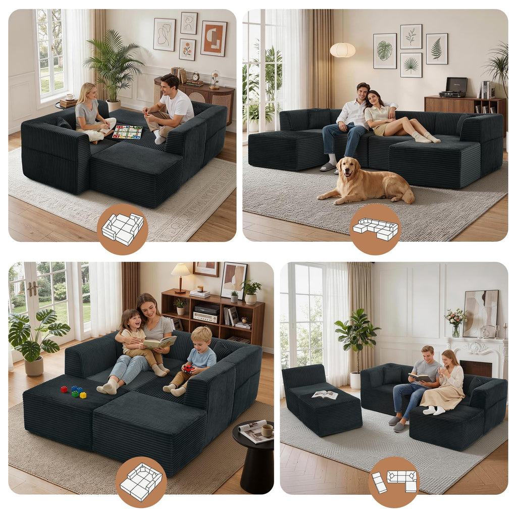 130" U-Shaped Boneless Couches with Chaise, Modular Sectional Sofa with Deep Seat, Cloud Sectional Couch Bedroom, No