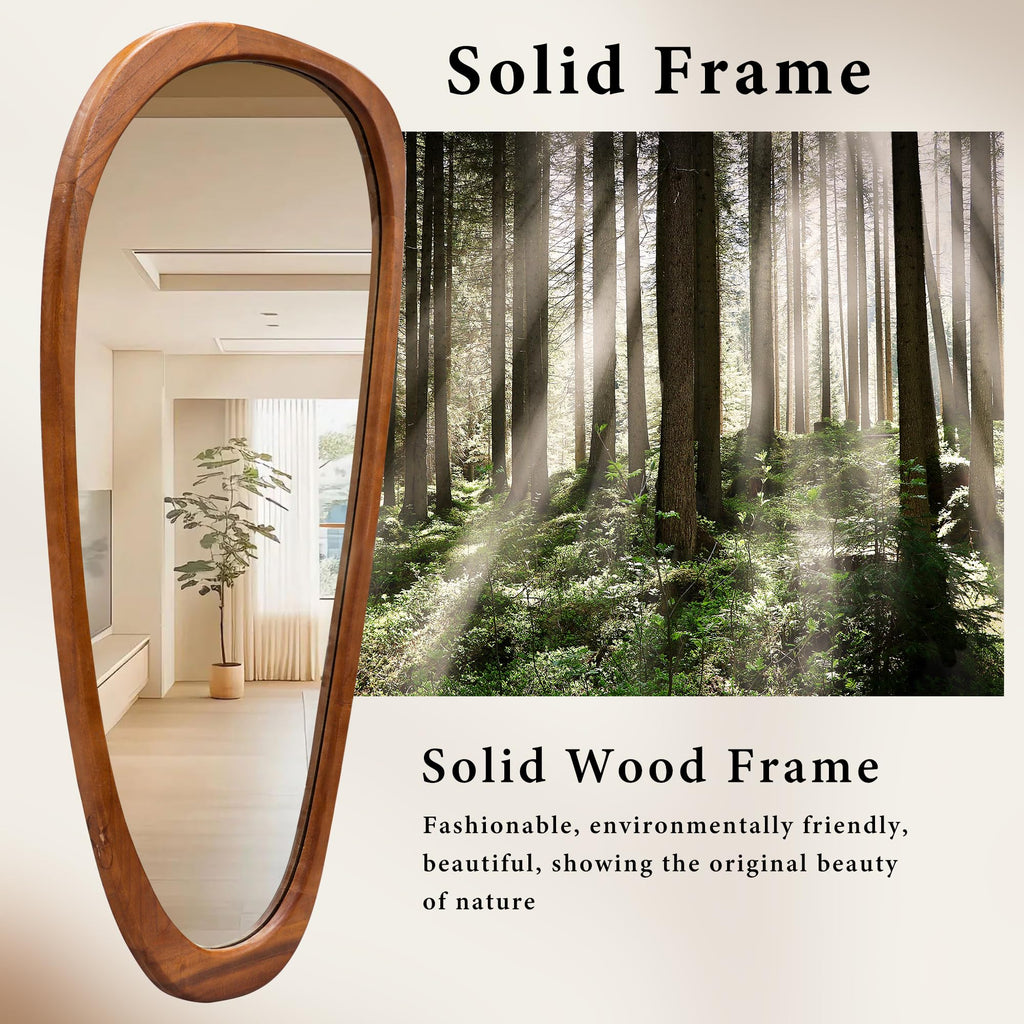 22''x48'' Asymmetrical Mirror with Wood Frame, Small Irregular Wall Odd Shaped Mid Century Modern Mirror Christmas