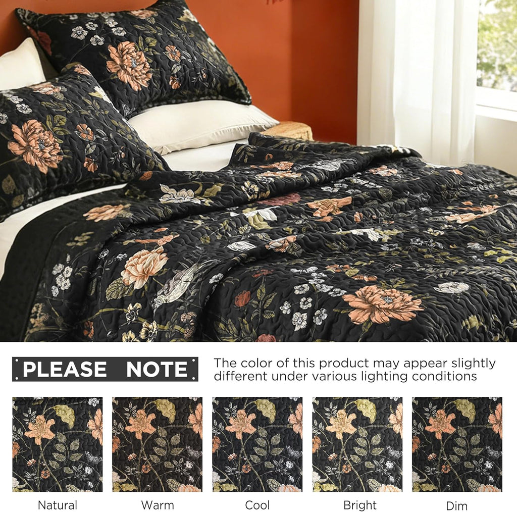 Floral Black Quilt Queen - 3 Pieces Botanical Birds Pattern Quilt Bedding, Lightweight Soft Coverlet for All Seasons