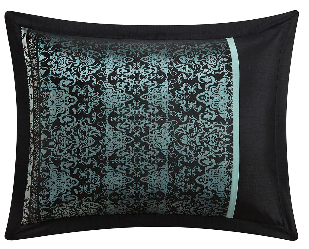 Damask 7 Piece Comforter Set, California King, Aqua/Black
