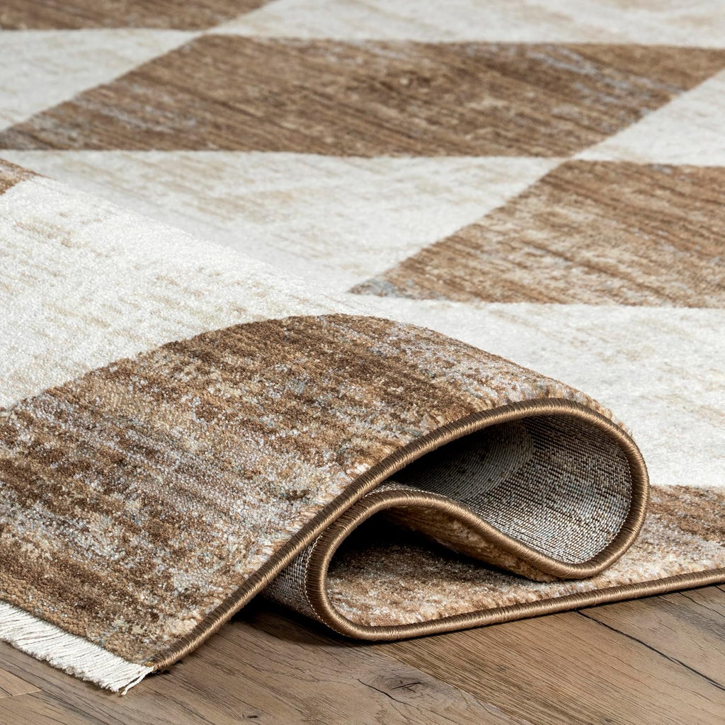 Fringed Performance Meline Beige/Blue/Ivory, Checkered, Soft and Cozy, High Traffic, Stain Resistant