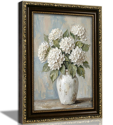 Vintage Framed 3D Texture White Hydrangea Canvas Wall Art