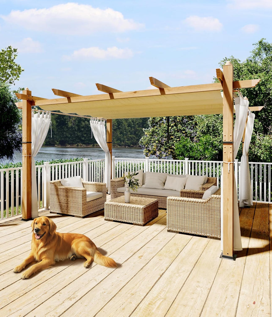 Modern Aluminum Outdoor Pergola with Retractable Canopy and Mesh Sides, Faux Wood Grain, Waterproof Gazebo for Patio