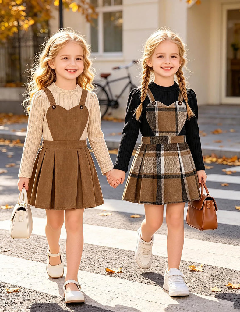 Toddler Girl Plaid Outfits Knit Ribbed Tops Heart Suspender Skirts