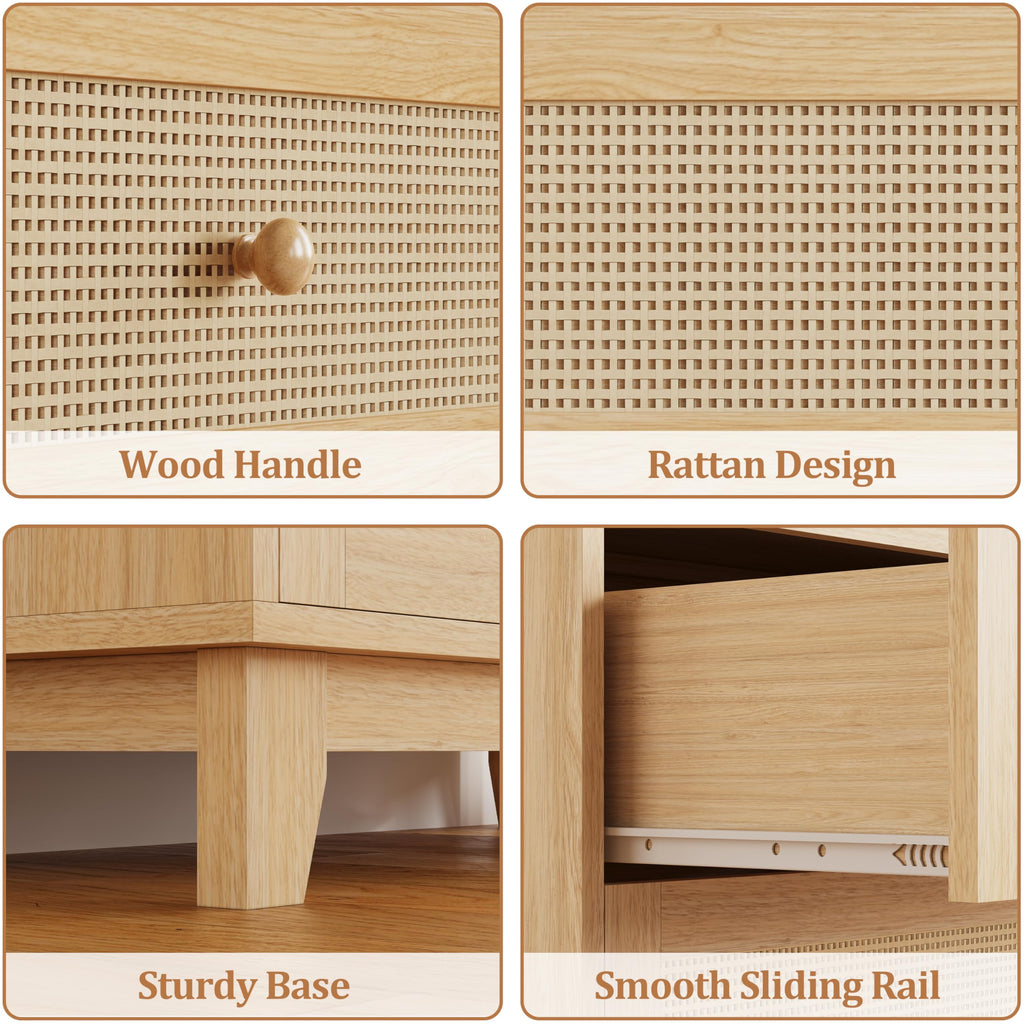 Boho Rattan 3 Drawer Dresser Nightstand, Natural Oak