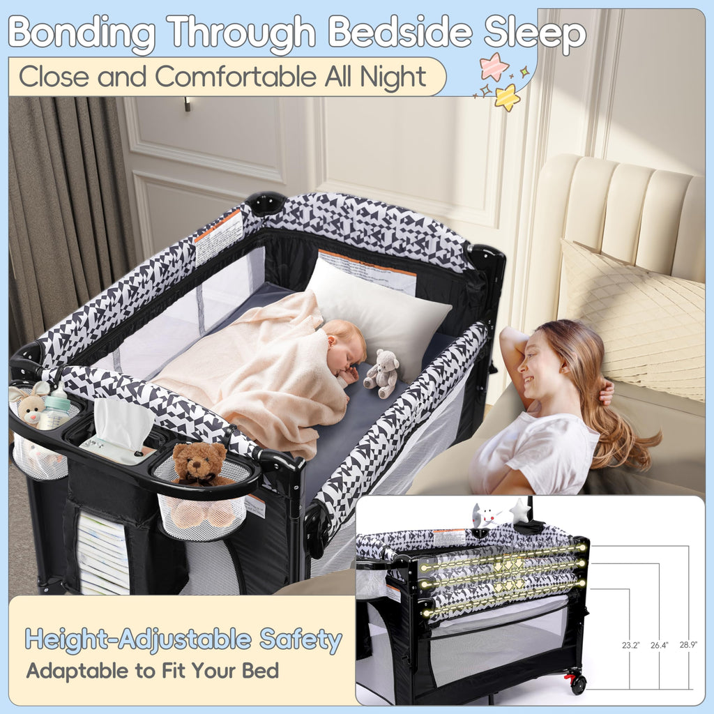 5-in-1 Play Yard, Baby Bassinet Bedside Sleeper with Diaper Changer, Storage Bag & Music Box, Portable Baby Crib