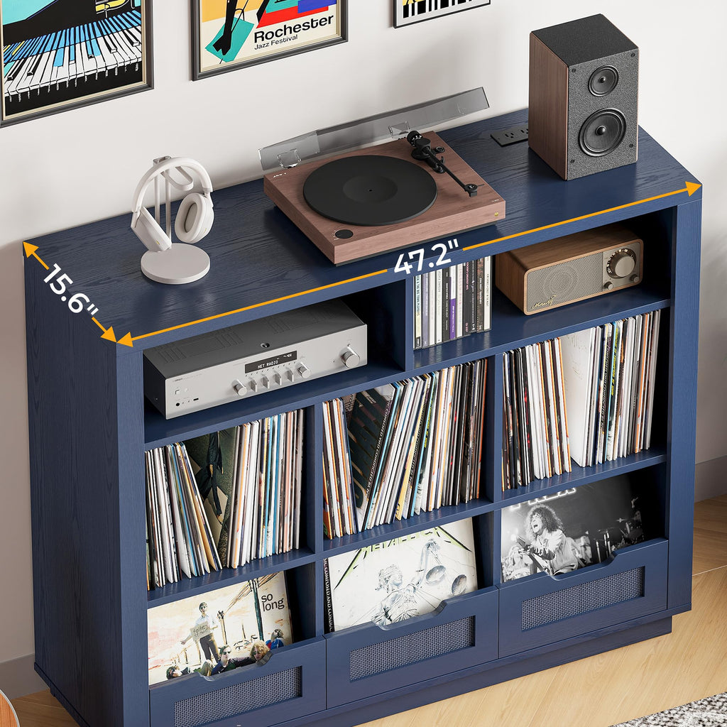 3-Tier Record Player Stand with Charging Station, Vinyl Storage
