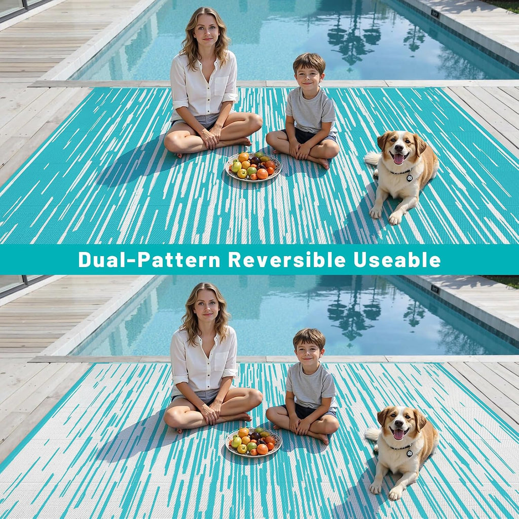 Outdoor Rug Waterproof, Striped Reversible Plastic Patio Rug
