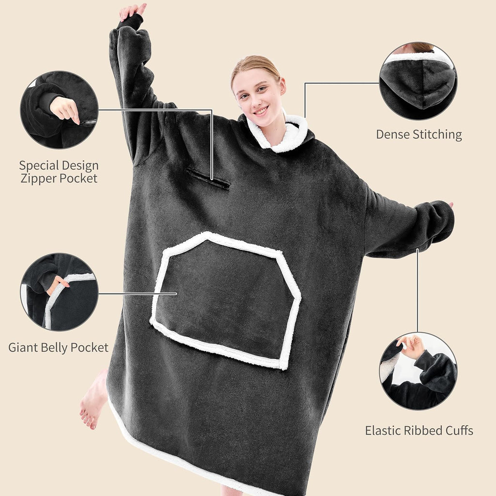 Oversized Cozy Wearable Blanket Hoodie for Adult with Eye Mask,Black