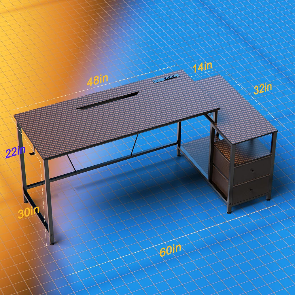 60" Reversible Computer Desk Carbon Fiber Texture Includes Storage Drawers Power Outlet and LED Lights Gaming Desk