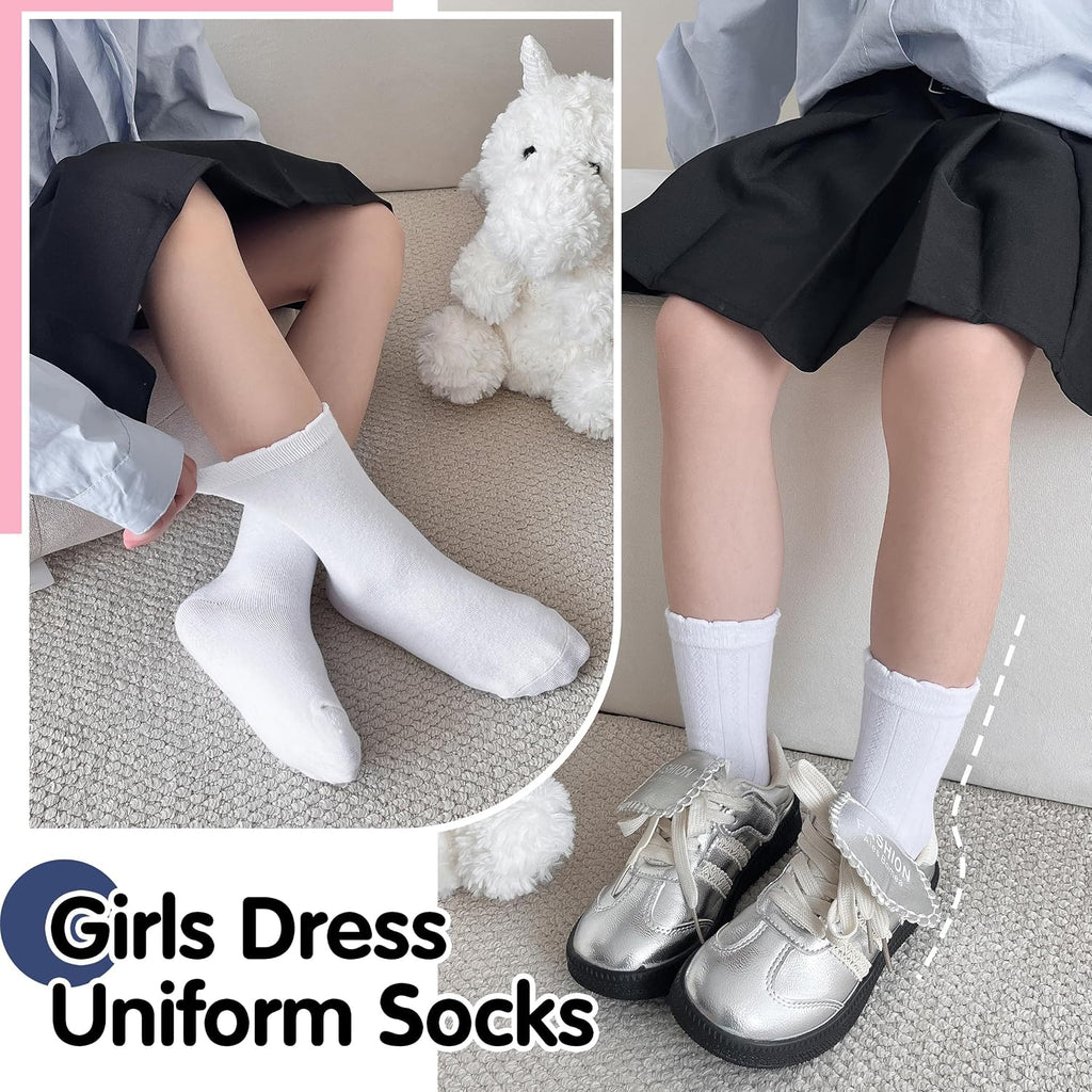 Girls Kids Ruffle Socks Uniform School Dress Crew Cotton Textured Breathable Socks 6 Pairs