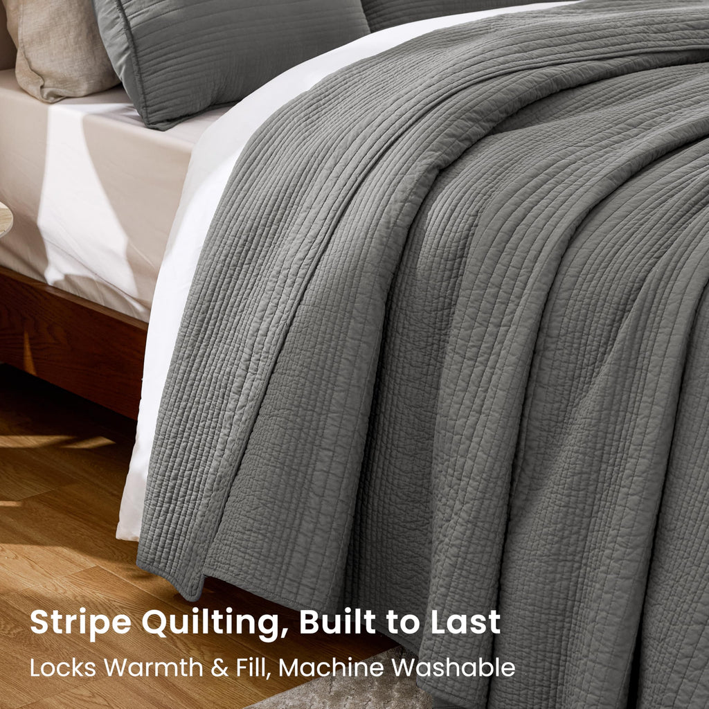 Cotton Quilt Set, 100% Cotton Fabric Striped Textured Coverlet with Crinkled Look, Lightweight Quilted