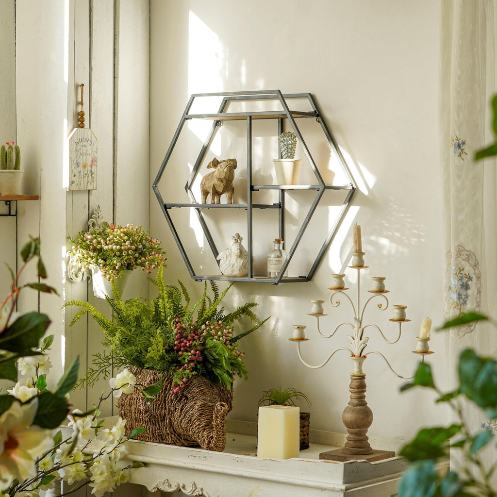 4 Tier Industrial Style Foldable Hexagon-Shaped Wall Shelves