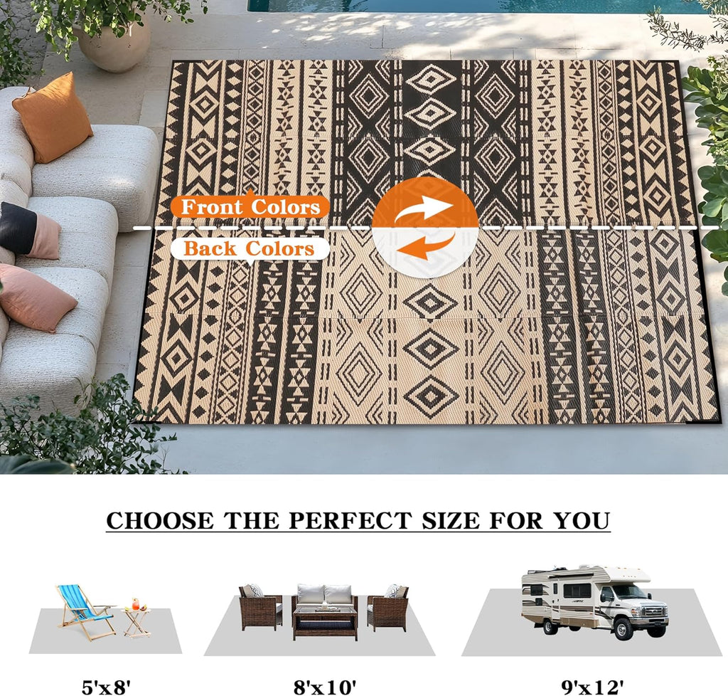Outdoor Rug 8x10 ft, Boho Black & Beige