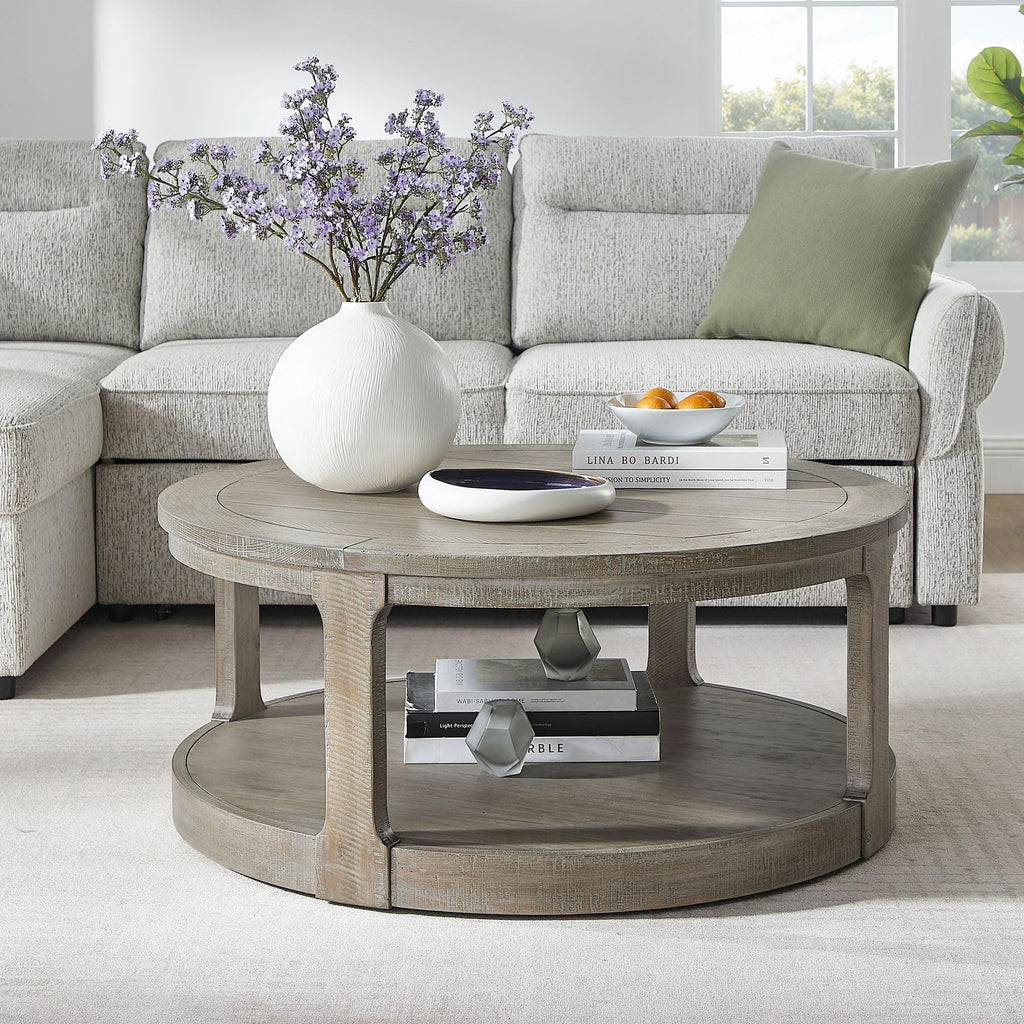 Round Coffee Table with Wheels, 2 Tier Solid Wood Center Table