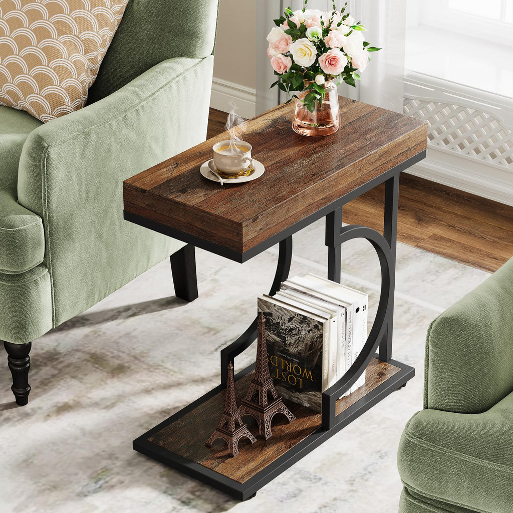 Narrow Side Table for Couch, C Shaped End Table with Metal Frame, Farmhouse Bedside Tables, Small Sofa Tables for
