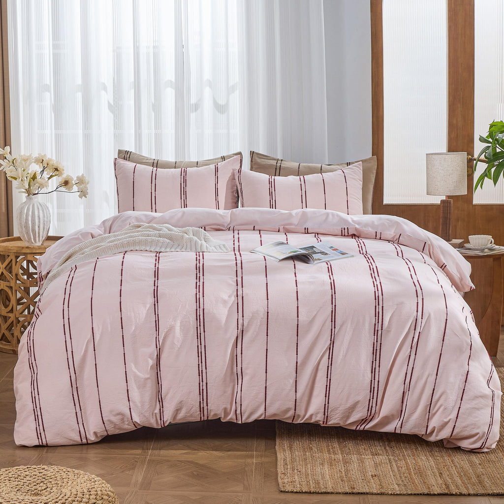100% Cotton Striped Duvet Cover Set, 3Pcs Boho Linen-Like Textured Comforter Cover with Embroidered