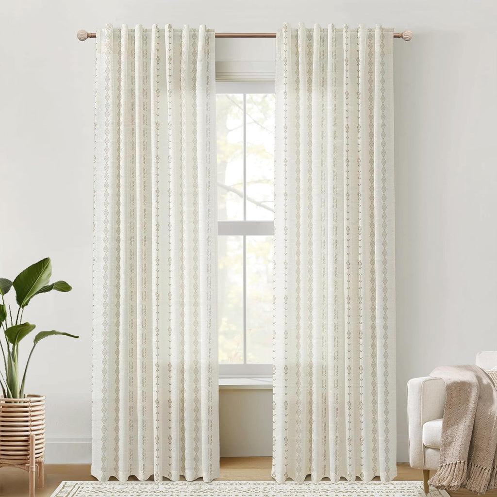 Linen Farmhouse Curtains, Neutral Taupe Cream Light Filtering Boho Sheer Floral Patterned Curtains for Dining Room