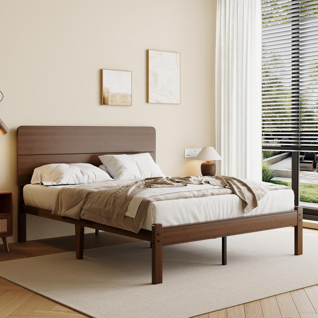 14" Solid Bamboo Wood Queen Platform Bed Frame with Headboard