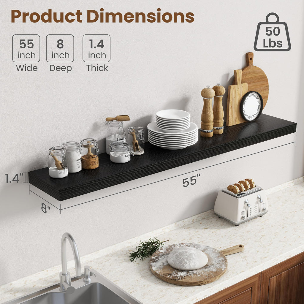 55 Inch Floating Shelves for Wall, 8 Inch Deep, Invisible Brackets, Black