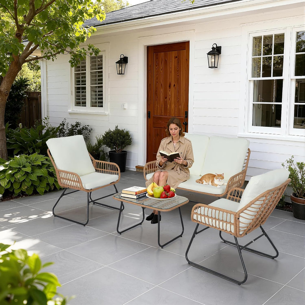 4 Pieces Outdoor Patio Furniture Set,Patio Conversation Set,Rattan Wicker Bistro Sets with Loveseat Chairs and