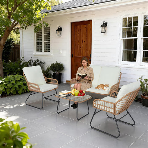 EortheX 4 Pieces Outdoor Patio Furniture Set,Patio Conversation Set,Rattan Wicker Bistro Sets with Loveseat Chairs and