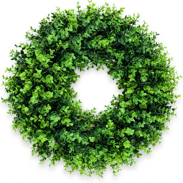 24 Inch Boxwood Wreath for Front Door, Artificial Greenery Wreath, Large Faux Boxwood Door Wreath, Waterproof UV