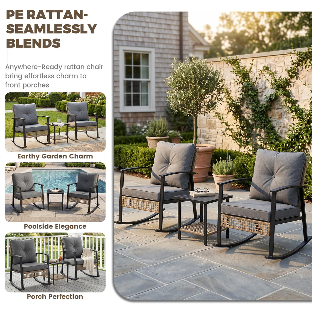 3-Piece Patio Rocking Chairs Set of 2, Rocking Chair Bistro Set [Upgraded 2.0] & 2-Tier Coffee Table, Wicker Rocking