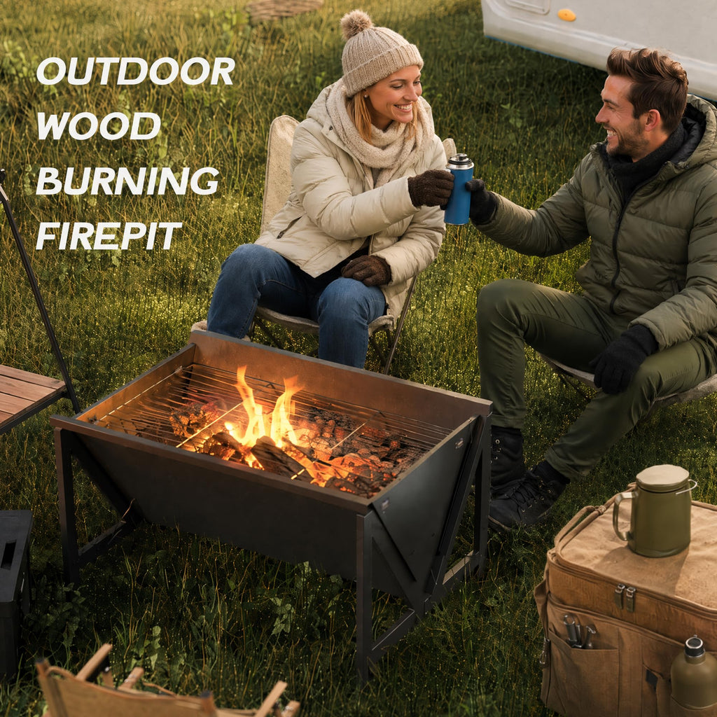 Outdoor Fire Pits with Poker, Square Wood Burning Firepit Bowl