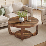 Round Coffee Table, 2-Tier Circle Coffee Table with Storage, Modern Wooden Accent Center Table, Thick Tabletop & Base