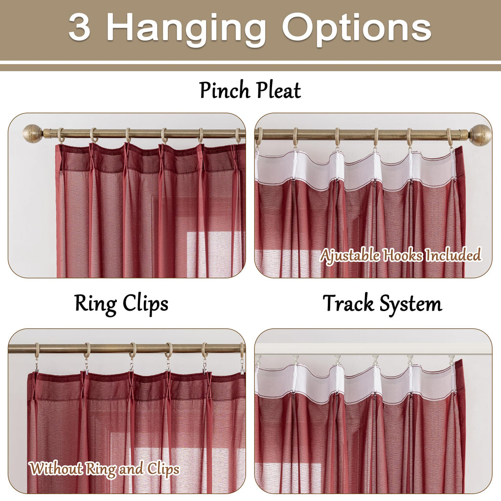 Red Pinch Pleat Sheer Curtains 90 Inch Length with Hooks 2 Panels